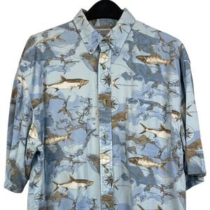 VTG Columbia Mens L Viscose Short Sleeve Button Down Compass Fish Map Ocean Blue